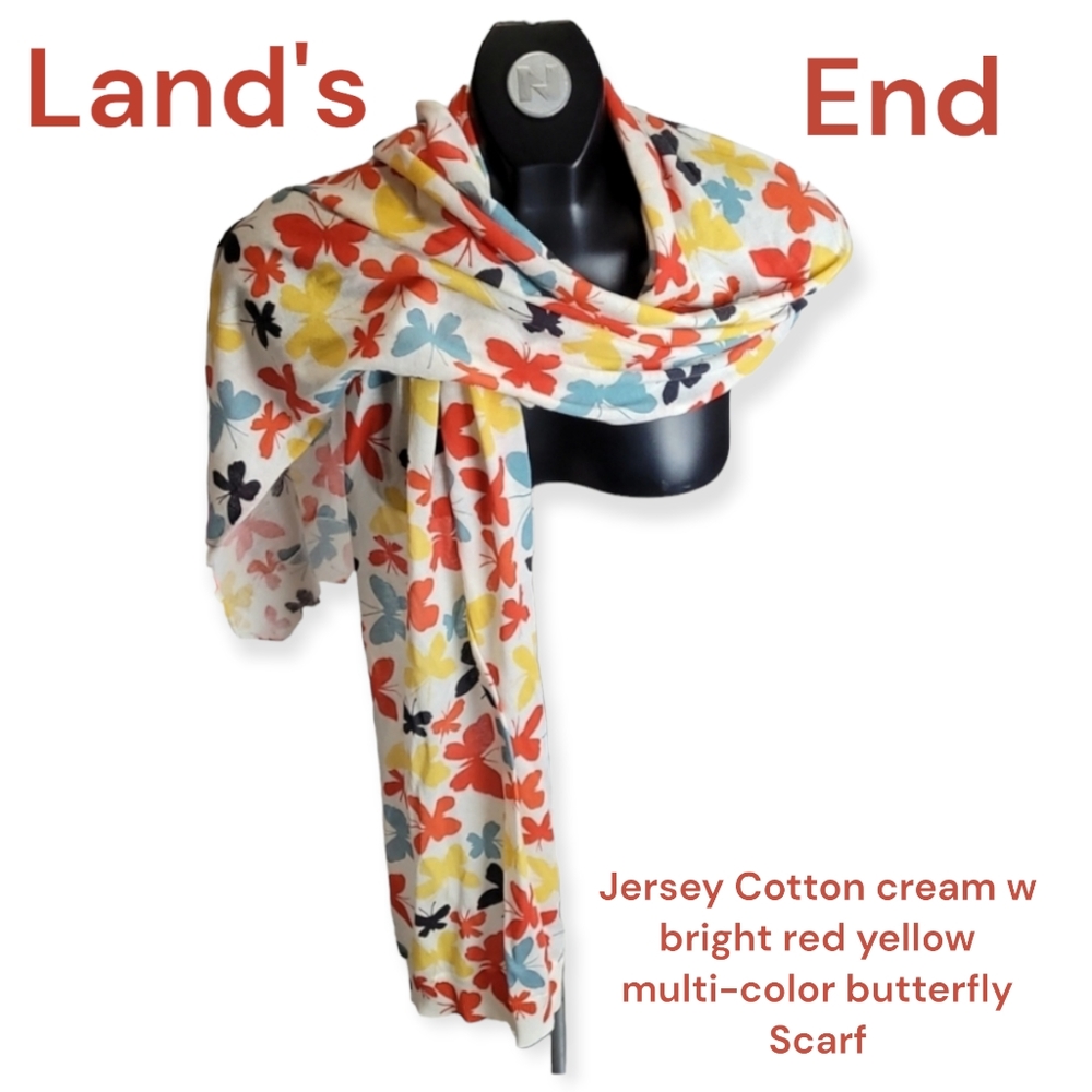 LANDS' END Women's Jersey Cotton multi-color Red Blue butterfly Spring Scarf